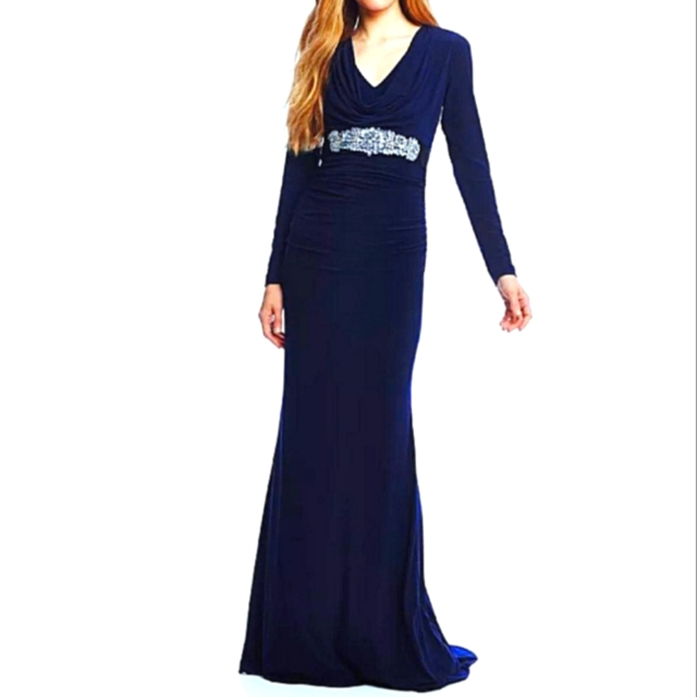 Badgley Mischka Collection Formal Jersey Stretch Long Gown Dress Sz 8 Navy Blue